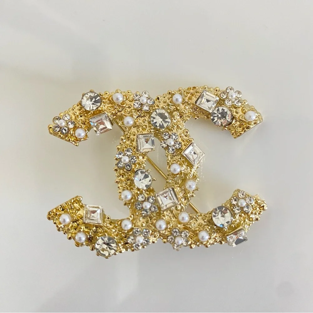 Gold CC Crystal Brooch